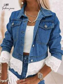 Áo khoác denim xanh dương vừa phải dành cho nữ, áo khoác vừa vặn thoải mái có viền ren, trang phục không thể thiếu cho trang phục hàng ngày và những buổi đi chơi sành điệu - Rửa trung bình - Xem 6