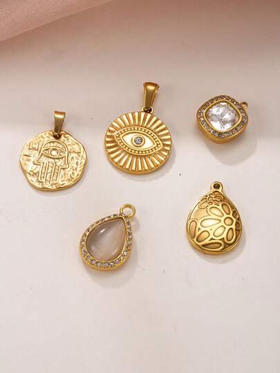 1pc 18K Gold Plated Stainless Steel Pendant, Demon Eye Round Disc Pendant, Fatima Hand Amulet Teardrop Pendant, DIY Necklace Earring Jewelry Making, Daily Wear Gift