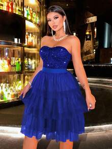 CHOSMO Halloween Black Sequin Patchwork Backless High Waist Mesh A-Line Mini Dress, Back To School Formal, Women's Party Dress, Elegant Ball Gown - Royal Blue - View 5