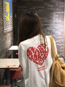 女士休闲棉质宽松字母和心形印花圆领长袖 T 恤，时尚百搭，春秋季