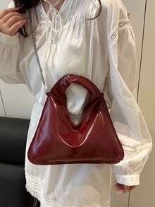 1 件绗缝按扣 PU 纯色复古软皮饺子单肩包，时尚拼布腋下包，新月形油蜡皮革大容量通勤休闲手提包，适合办公室、商务、约会、购物、旅行、送给女朋友、闺蜜、女性日常使用的礼物 - 酒紅色 - 查看 6