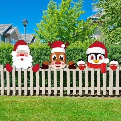 Christmas Wooden Fence Peeker Decor Cute Santa Snowman Reindeer Patio Peeker For Garden