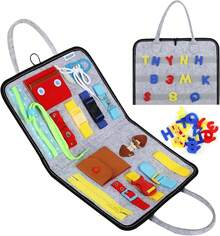 Esjay Toddler Busy Board Montessori Toys Boys, Sensory Board Educational Activities Learning Fine Motor Skills, Birthday Gifts Boys Toddlers, Travel Toys Airplane Car, Blue Dinosaur - Bảng chữ cái màu xám - Xem 1