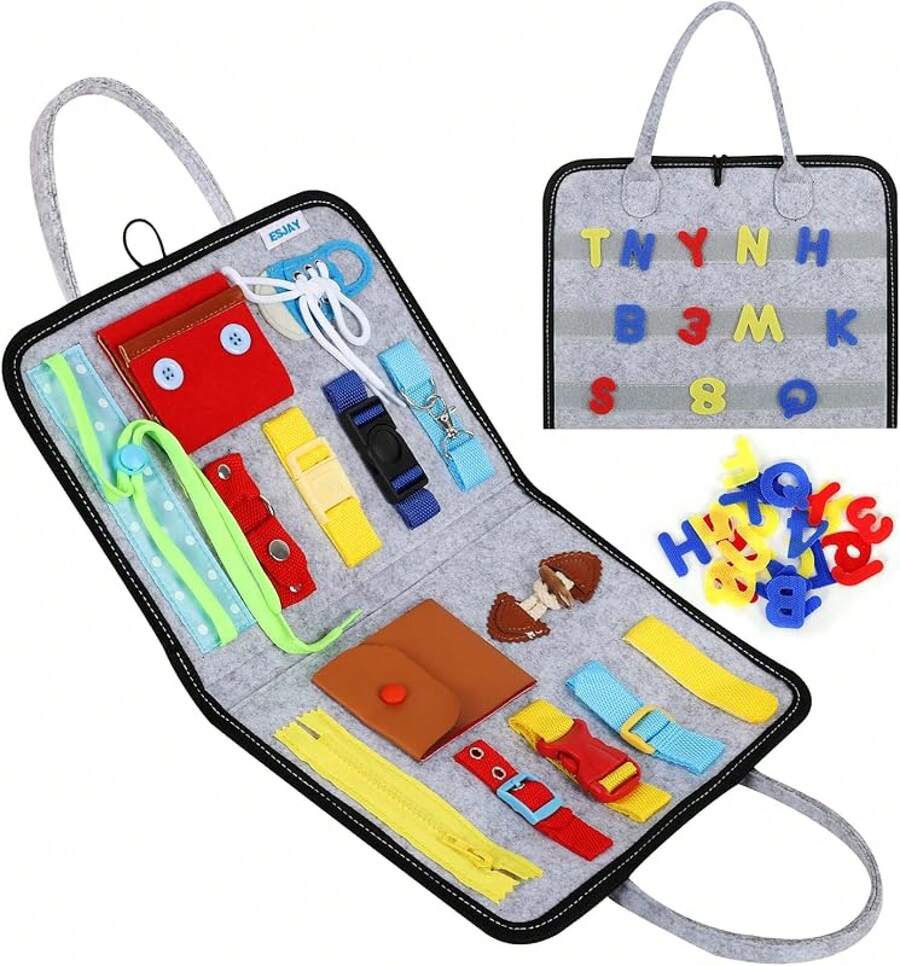 Esjay Toddler Busy Board Montessori Toys Boys, Sensory Board Educational Activities Learning Fine Motor Skills, Birthday Gifts Boys Toddlers, Travel Toys Airplane Car, Blue Dinosaur - Bảng chữ cái màu xám - Xem 1