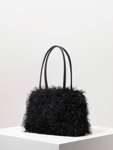 秋冬毛绒单肩包，女士工作包，毛皮钱包，节日派对礼服，复古包，优雅女士包，派对包，商务休闲女士，适合日常、通勤、工作、商务、派对、约会、郊游（图案随机） - 黑色 - 查看 2