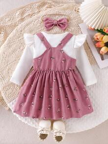 3 件套女婴套装:纯色长袖 T 恤上衣、带 3D 蝴蝶结装饰的花卉背带裙和蝴蝶结头带 - 粉色 - 查看 4