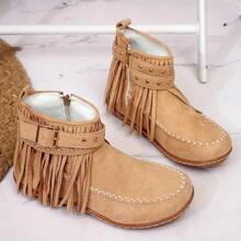 Fashion Tassel Boots, Fashionable Tassel Women's Short Boots And Ankle Boots, Winter Velvet Snow Boots, Rivet Decoration, Round Toe Flat Heel, Suitable For Casual Or Formal Occasions - Xám - Xem 4