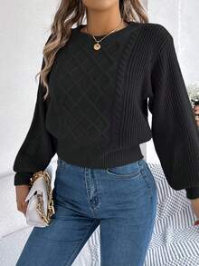 Lässiger Grundkabel-Strickpullover mit Langarm, Herbst/Winter - Schwarz - Übersicht 6