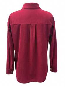 Women Corduroy Shirt Jacket Casual Solid Long Sleeve Button-Up Fall Coat With Pockets - Red - View 3