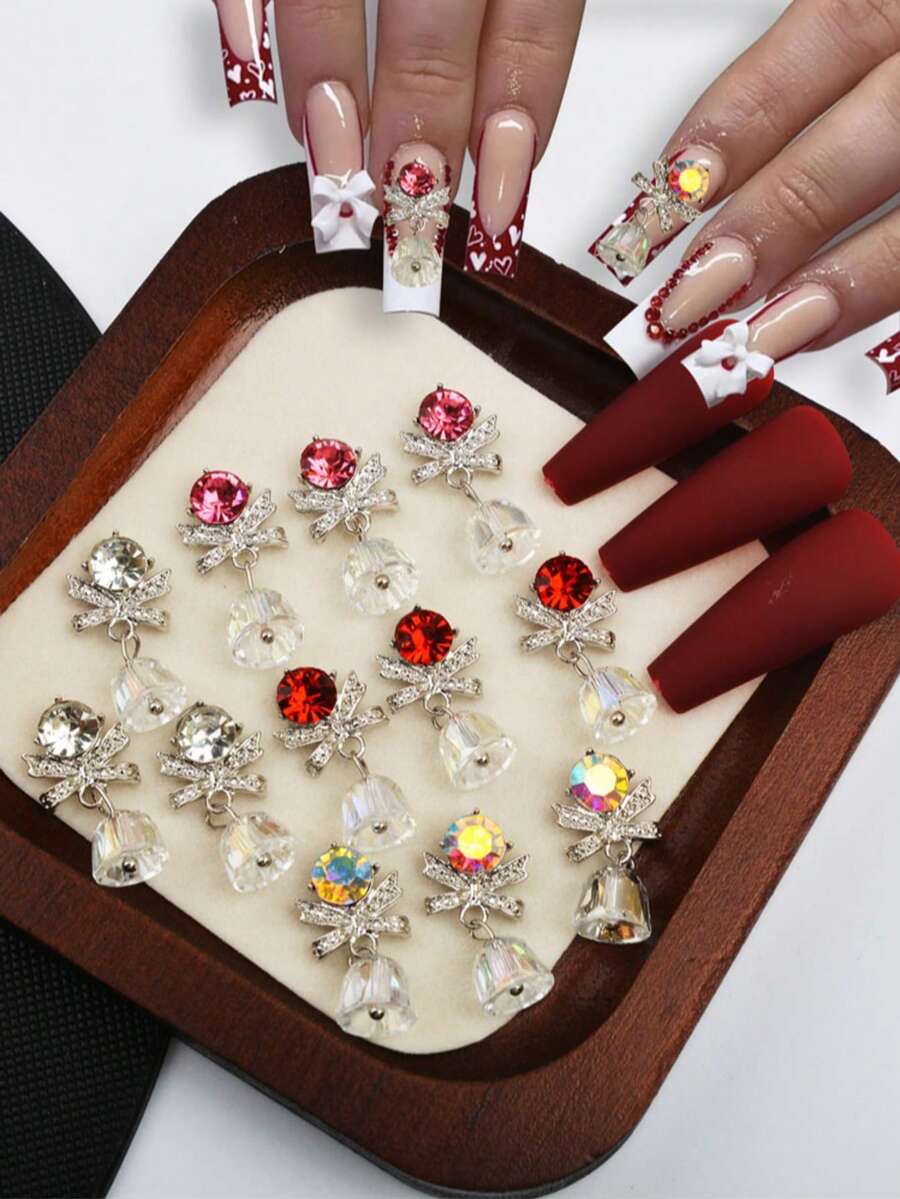 5/12 Peças, Enfeites de Sino de Luxo de Natal, Mistura de Várias Cores, Enfeites de Sino e Laço de Unha 3D Penduráveis, Enfeites de Unha Laço e Sino, Adequado para Manicure de Natal de Meninas - Multicolorido - Visão 1