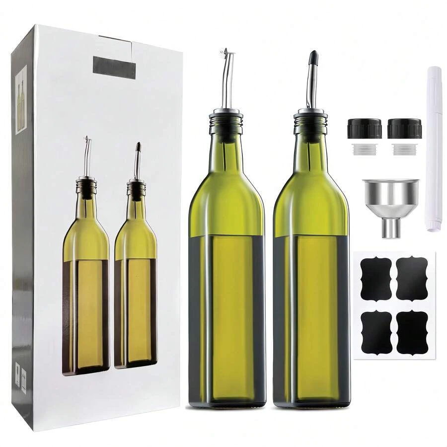 Botellas de aceite de cocina (2 unidades), de vidrio, con boquilla vertedora, 16.9 oz, resistentes al calor, antifugas, con etiqueta, para el hogar, restaurante, bar (verde) - Verde - Ver 1
