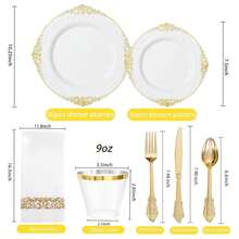 White Plastic Plates Disposable Set - 350pc Party Dinnerware, Includes Plates, Cutlery, Napkins, Cups For 50 Guests - Thanksgiving, Weddings, Events - 如圖/Y - 查看 5
