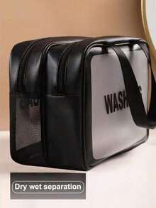 1 pièce Sac de toilette noir en PU à séparation sèche et humide, transparent et imperméable, à double couche, grande capacité, multifonction, sac de rangement pour le maquillage, sac de sport et de natation portable pour hommes et femmes