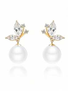 1 Pair Cubic Zirconia & Faux Pearl Stud Earrings, Fashionable For Teenage Girls, Suitable For Daily Wear, Party Jewelry Or Birthday Gift