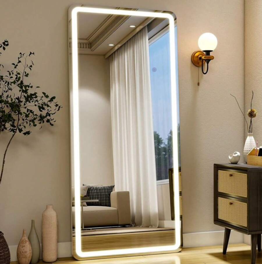 21"X64" LED Full Length Mirror Rounded Corner Floor Mirror With Dimming & 3 Color Lighting