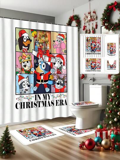 Bluey [Christmas Bluey Bathroom Curtain Shower Set] 1/3/4 Pcs Christmas Solid Color Santa Hat Bluey Family And Friends Holiday Pattern Printed Shower Curtain Set, Modern Design, Suitable For All Seasons, Waterproof Polyester Hooks And Lining, Flannel Material, Soft Surface, Bathroom Anti-Slip Mat, Bathroom Set Includes U-Shaped Mat, Toilet Mat, Anti-Slip Bathroom Mat And Bathroom Accessories, Home Decor, Holiday Decor, Christmas Gift, Daily Decor, Gift]
