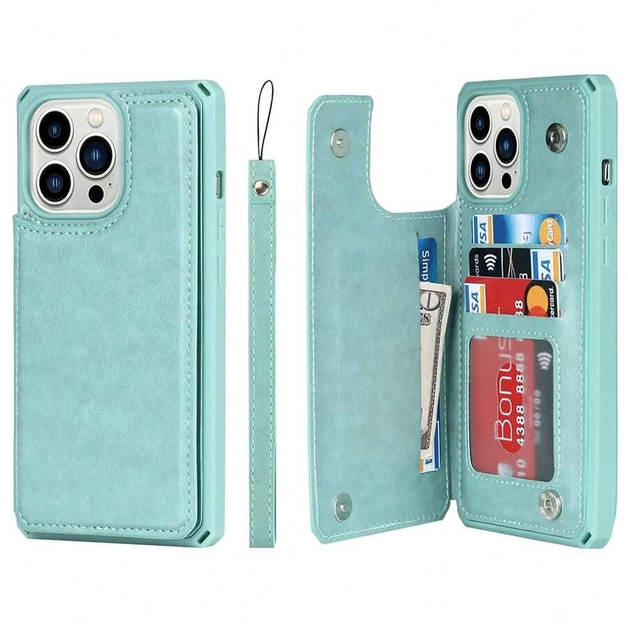 For IPhone 13 Pro Max Phone Case With Card Holder,[3 Card Slots] [With Lanyard] PU Leather Flip Shockproof Case Wallet For IPhone 13 Pro Max-Green{"Color_name":"B-Breen"} - 多色1 - 查看 1
