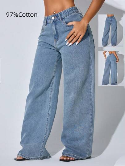 Calça Denim Feminina Casual de Cintura Baixa, Perna Larga, Bolso Inclinado Azul Curvo