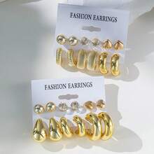 6-12 对新设计方晶锆石水晶闪亮耳钉，夸张 C 形丙烯酸树脂耳环套装 - 金色 - 查看 6