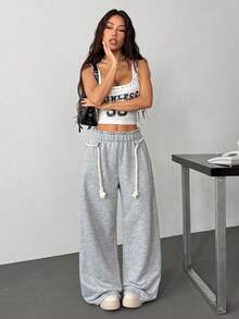 休闲宽松抽绳腰口袋运动裤，简约美式街头风格，百搭韩版时尚 - 灰色 - 查看 5