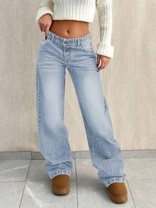 Jeans en denim bleu clair dégradé pour femmes avec fermeture à bouton et fermeture éclair, jambe droite style casual avec poches, coupe longue pour un port quotidien - Bleu azur - Voir 6