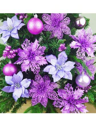 24 Pcs Christmas Poinsettia Flowers Set, Christmas Tree Decorations Artificial Christmas Flowers,Glitter Berries Stems,Christmas Balls,Wedding Decor Xmas Tree New Year Ornaments Christmas Decorations Home Christmas Gifts Christmas Decor