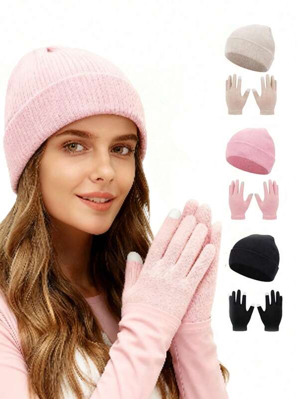 Damen Herbst-Winter Set aus einfarbiger Strick-Mütze und Handschuhen, modische Strickmütze mit passenden Touchscreen-Handschuhen, weich und warm mit rutschfestem Griff, Winteraccessoires für Outdoor-Aktivitäten wie Skifahren, Snowboarden, Wandern, Radfahren bei Kälte