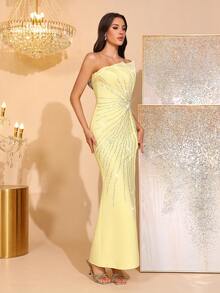 全新性感露背水钻网眼拼接高开衩超长绷带连衣裙，优雅女士节日派对正式晚礼服 - 黃色 - 查看 5