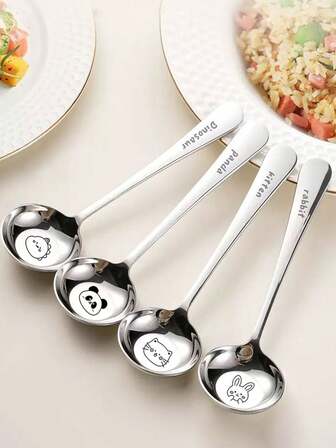 4 piezas Cucharas soperas redondas de acero inoxidable con estampado de dibujos animados lindos, cucharas para comer de niños, cucharas soperas para el hogar