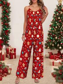 女士圣诞姜饼印花细肩带连体裤，节日圣诞饼干时尚姜饼印花服装，适合节日派对和休闲，必备冬季服装，时尚圣诞服装，时尚圣诞服装，休闲秋季女装 - 紅色 - 查看 3