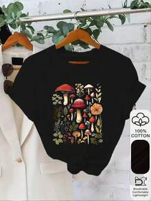 1pc 100% Cotton Mushroom Botanical Print Women's Short Sleeve TShirt, The Perfect Birthday Gift, Holiday Gift for Mushroom and Nature Lovers, Everyday Wear - Negro - Ver 1