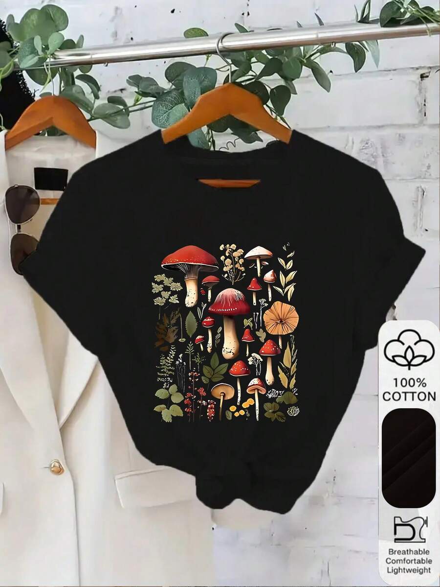 1pc 100% Cotton Mushroom Botanical Print Women's Short Sleeve TShirt, The Perfect Birthday Gift, Holiday Gift for Mushroom and Nature Lovers, Everyday Wear - Negro - Ver 1