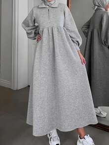 Vestidos árabes de manga larga con cremallera, de unicolor y minimalistas, para uso diario y vacaciones de primavera - Gris - Ver 2