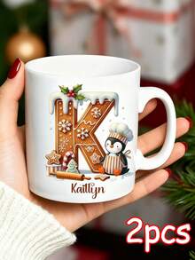 1/2/4pcs Personalized Custom Text Gingerbread Initial Mug | Custom Mug For Friend Holiday Surprise Gift, Long-Distance Friendship Christmas Keepsake, Daily Office Coffee/Tea Cup, Friend Gifting Accent - Multicolor - View 17