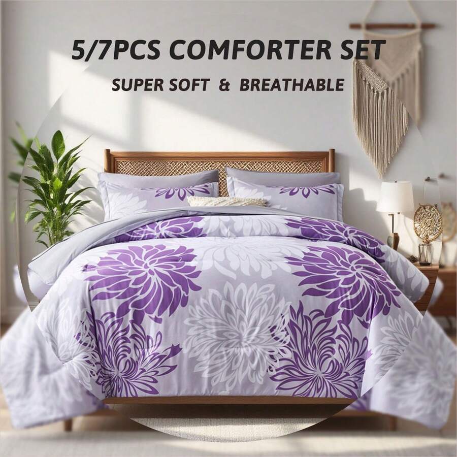 5/7pcs Fashionable Chrysanthemum Printed Bed Comforter Set,100% Microfiber Soft Breathable Summer Bedding Set, Comfortable And Durable, Include 1 Comforter+1 Flat Sheet+1 Fitted Sheet+1/2 Pillowcases+1/2 Pillowshams,All-Season, Bed In A Bag, Room Decor, Best Gift - 紫色 - 查看 1