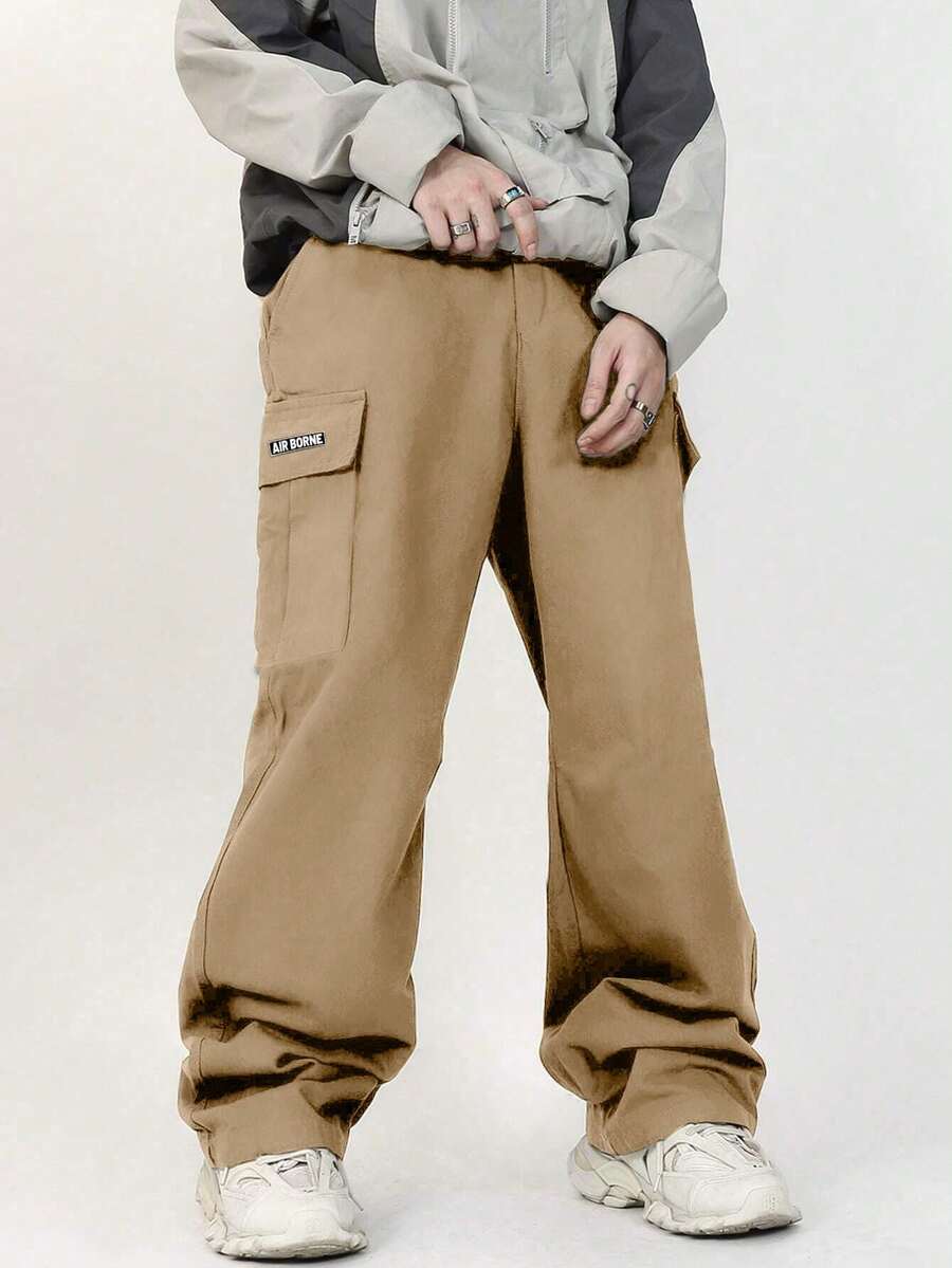 بنطلون كارجو مستقيم الساق للأولاد المراهقين، ديكور بشريط فيلكرو وجيب، للرياضة والخارج، موسم الربيع/الخريف، قطعة واحدة - كاكي - مشاهدة 1