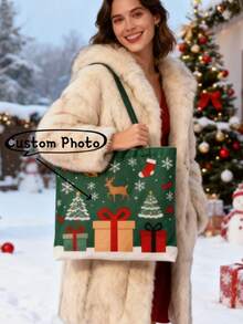 Bolso de lona grande con estampado personalizado para el hombro de mujer, adecuado para Navidad y otoño/invierno