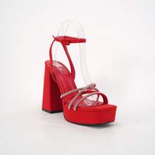 Elegant And Stylish 4.8-Inch Chunky Heels With Adjustable Strap And Sparkling Detail - Red - View 3