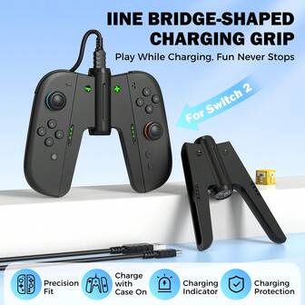 IINE Bridge-Shaped Charging Grip For Switch 2/NS2, Charge With Case On, LED Indicator, Charging Protection, Ergonomic Design For Comfortable Gaming