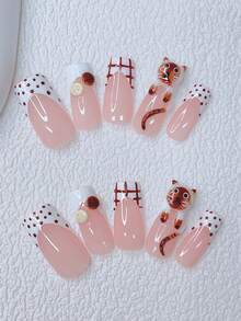 10 件 Y2K Nails 管状按压指甲套装 - 手工制作，粉色指甲、棕色指甲、白色法式尖头指甲、手工制作的 3D 猫咪和 3D 纽扣、手绘波尔卡圆点和条纹设计、闪亮可爱指甲 - 适合女士和女孩，派对、婚礼、日常佩戴、DIY 美甲，美甲套装，包含工具包。方形指甲。手工亚克力方形按压指甲。哥特式指甲。美甲用品猫咪指甲。（猫咪为手工制作，每只可能看起来不同） - 彩色 - 查看 2