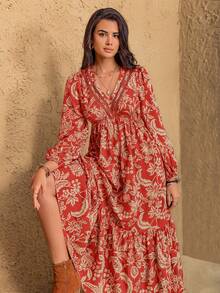Đầm ren cổ chữ V họa tiết hoa nhiều màu sắc phong cách Bohemian dành cho nữ, thích hợp cho đám cưới, ngày Valentine, năm mới và các dịp khác, cũng phù hợp để mặc đi dự tiệc. - Màu Cam cháy - Xem 4