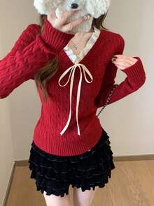 圣诞拼布二合一粗针织毛衣，红色，秋冬