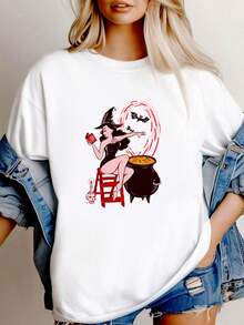 180g pure Cotton Halloween Witch T Shirt Pin Up  Retro  Top Cool  Gift Tee T Shirt C427 women T-Shirt For Women Casual Unisex Summer Print Round Neck Short Sleeve Stylish graphic Top For Everyday Wear female Breathable fashion Soft streetwear Versatile - Blanco - Ver 1