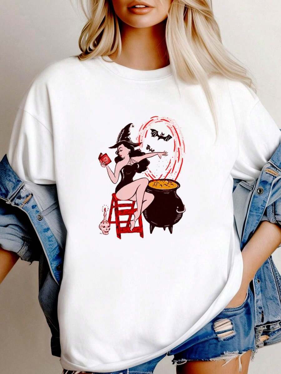 180g pure Cotton Halloween Witch T Shirt Pin Up Retro Top Cool Gift Tee T Shirt C427 women T-Shirt For Women Casual Unisex Summer Print Round Neck Short Sleeve Stylish graphic Top For Everyday Wear female Breathable fashion Soft streetwear Versatile - Blanco - Ver 1