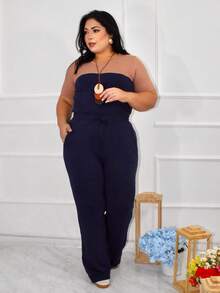 Plus Size Women's Sets Casual Short Sleeve Top And Wide Leg Pants Matching Sweatshirt Simple Casual Elegant Cute Knit Fabric Pocket Women's Set Holiday Office Home Daily Baby Shower Party Formal And Evening Street Summer And Winter - 海軍藍和米色 - 查看 2