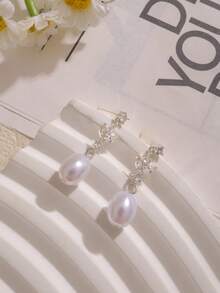 Women's Pearl Earrings Elegant Women's Gold Earrings 14K Gold/Silver Plated Cubic Zirconia Pendant Earrings Clip-On Pendant Pearl Minimalist Everyday Jewelry Gift - Leaf Hanging Style - View 7