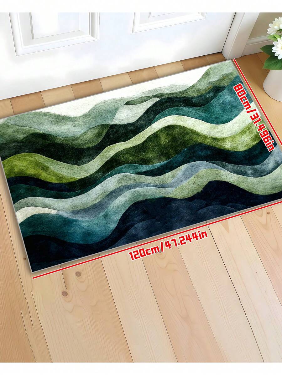 1pc Ombre Green Wavy Pattern Bath Mat, Non-Slip, Machine Washable, Low Pile Knit Fabric, Polyester TPR Blend, Rectangular Bathroom Rug, Decorative Carpet