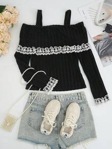 INSS 可爱娃娃衫上衣，黑色针织蕾丝拼接露肩吊带背心休闲小众设计女装上衣 - 黑色 - 查看 2