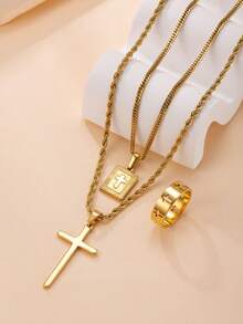 18K Gold Plated Exaggerated Hip-Hop Jewelry Set: 3pcs Stainless Steel Cross Pendant Necklace, Matching Bracelet And Ring - 3pcs - View 1