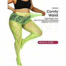 Floral Lace Plus Size Tights High Waist Velvet Pantyhose Sunflower Fishnet Stockings Leggings - 霓虹綠 - 查看 4